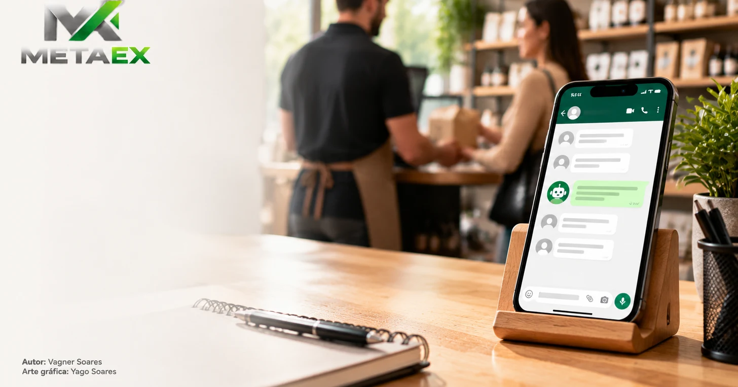 Smartphone with a customer service chat answered by an AI assistant on a shop counter
