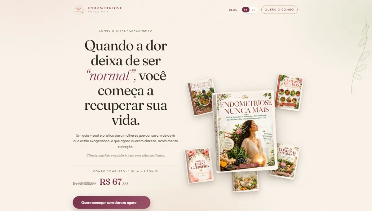 Página inicial do site Endometriose Nunca Mais
