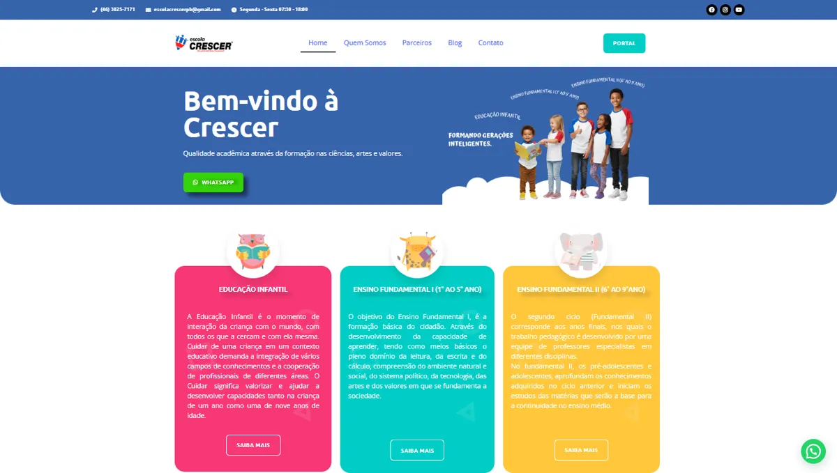 Página inicial do site Escola Crescer