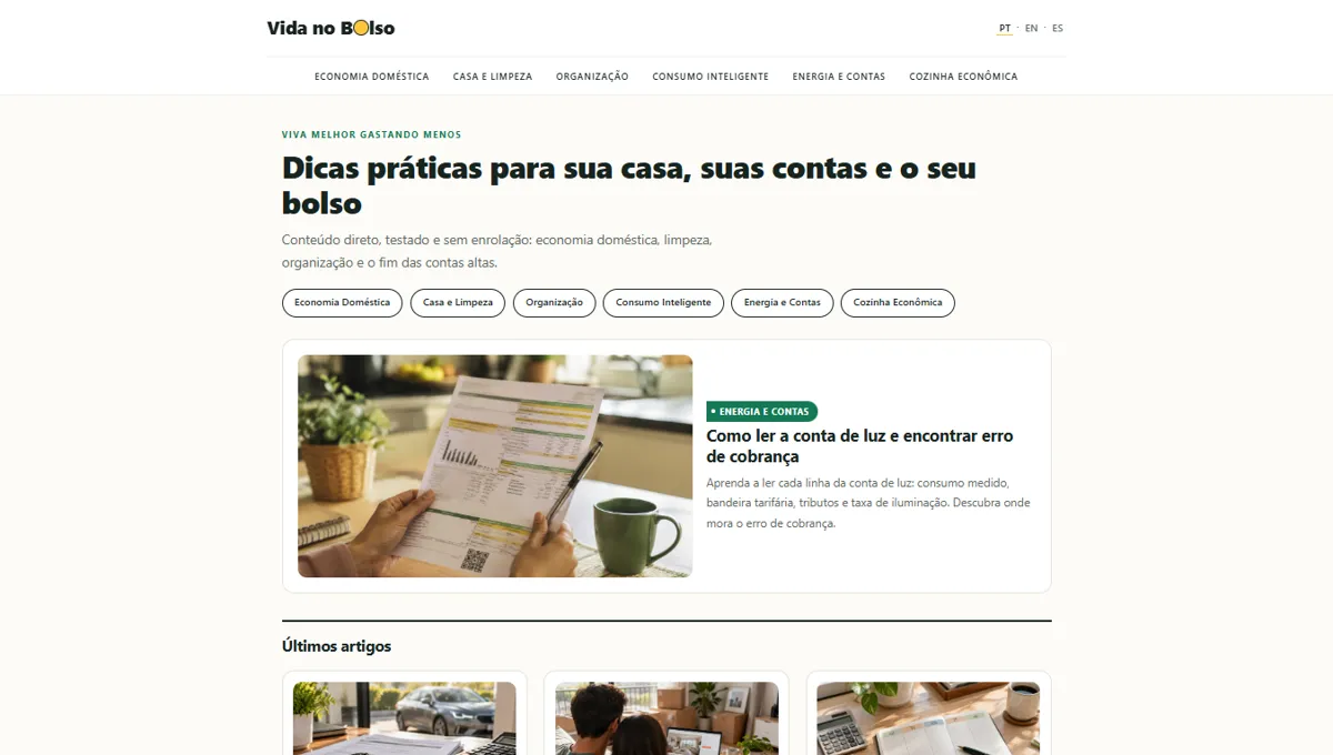 Página inicial do site Vida no Bolso